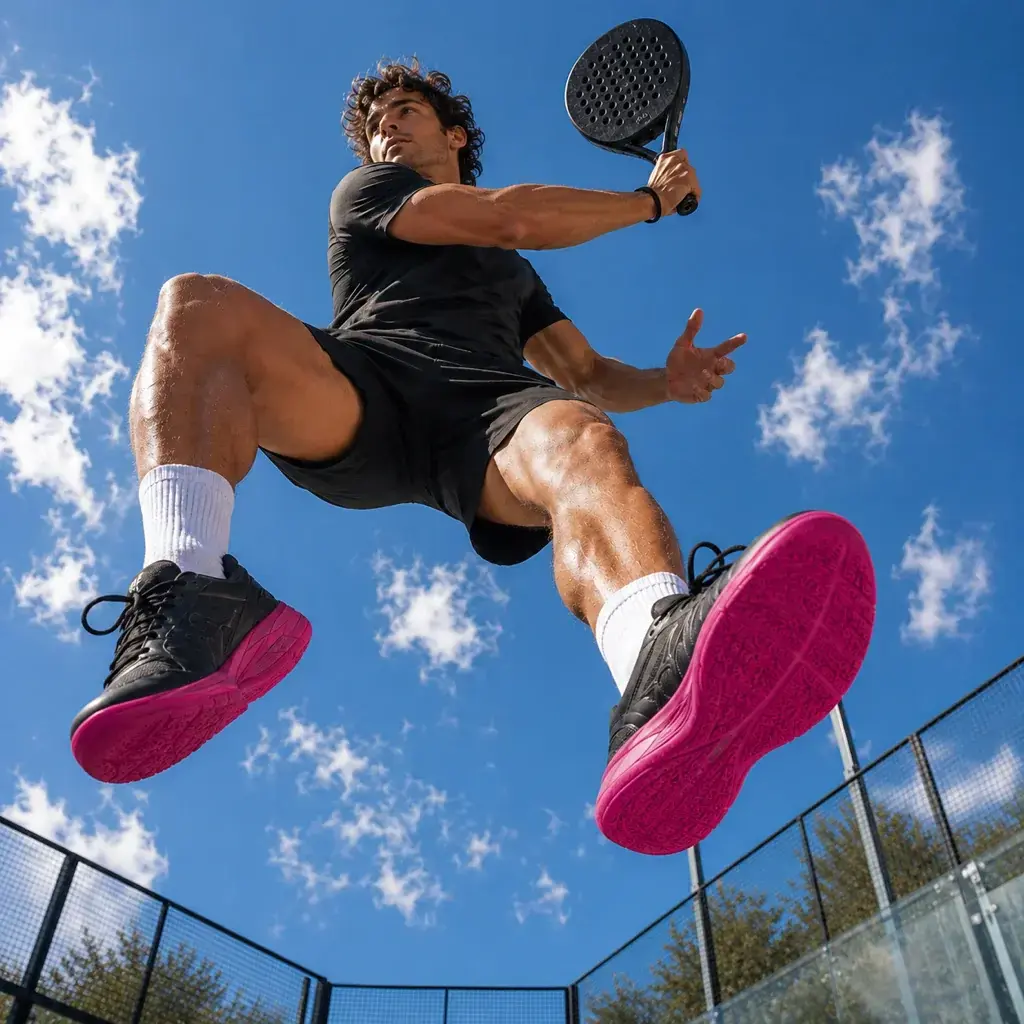 Padel player jumping on court with SYLACORE Sport Racket & Golf insoles