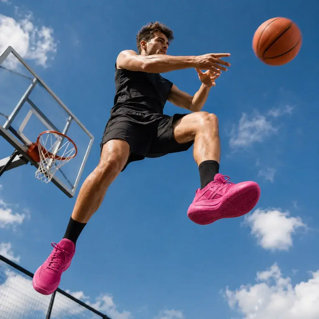 Basketball player leaping towards the hoop with SYLACORE Sport Basket insoles